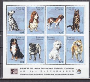 Gabon, Scott cat. 815 a-h. Dogs sheet of 8. China `96 Philatelic Expo issue.