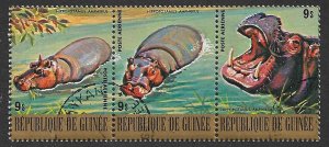 GUINEA 1977 9s HIPPOPOTAMUS Se-tenant Strip of 3 AIRMAIL Sc C139 CTO Used