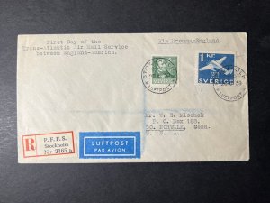1939 Registered Sweden Airmail FAM 18 FFC Stockholm to Norwalk CT USA
