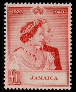 JAMAICA GVI SG144, £1 scarlet, LH MINT. Cat £28.