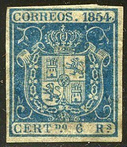 SPAIN #30 SCARCE Mint - 1854 6r Blue, Arms