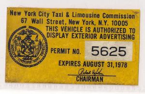 NYC TLC Exterior Advertising sticker used 1978 Very Rare