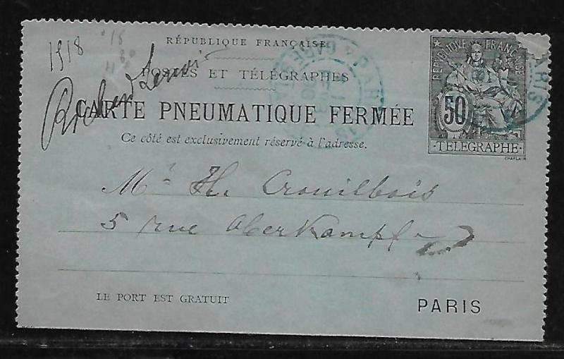 France Postal Stationery Pneumatic Letter Card H&G 13 Used 1898