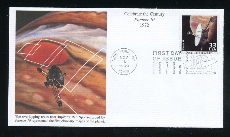 US 3189i Celebrate Century 1970s, Pioneer 10 UA Mystic cachet FDC