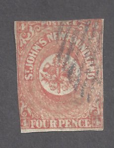 Canada NEWFOUNDLAND # 12 USED 4d ORANGE IMPERFORATE HERALDIC FLOWERS BS27803A