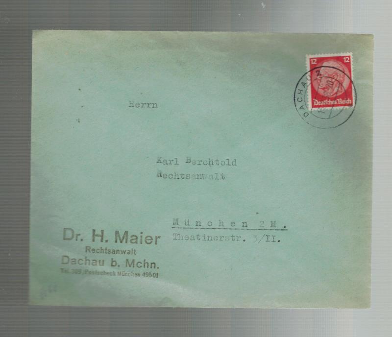 1938 Dachau Germany Attorney Dr H Maier Cover to Munich