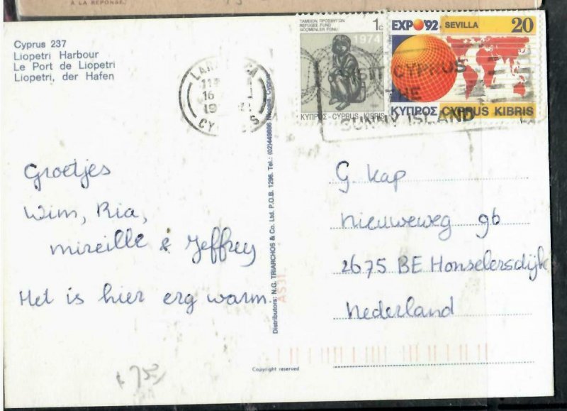 CYPRUS COVER (P3006B) EXPO 92+1C ON PPC LARNACA SLOGAN CANCEL TO HOLLAND