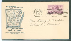 US 782 1936 3c Arkansas Statehood Centennial single on an addressed FDC with an Arkansas Centennial Commission Cachet