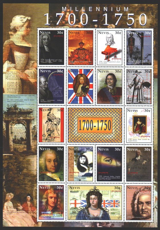 Nevis. 2000. Small sheet 1458-74. Millennium, Peter 1, Bering, Newton, Bach, ...