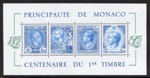 Monaco 1500 MNH,  Centennial of Monaco Postage Stamps Souvenir Sheet  from 1985.