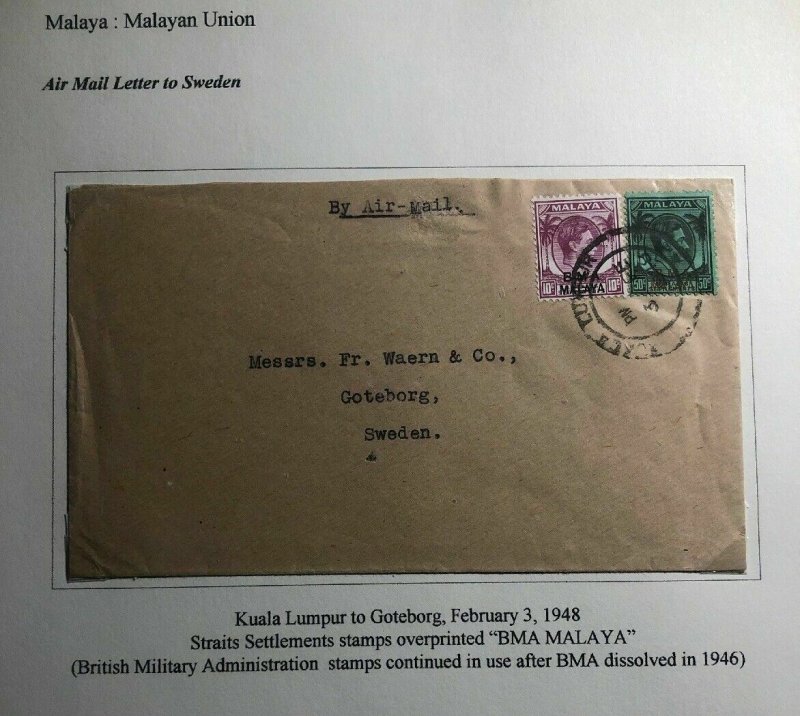 1948 Kuala Lumpur Malaya Airmail Cover To Goteborg Sweden BMA