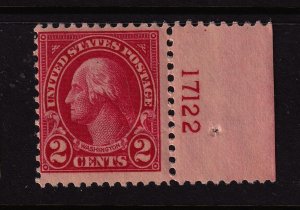 1923 Washington 2c carmine Sc 554 MNH right plate number single CV $15 (R16