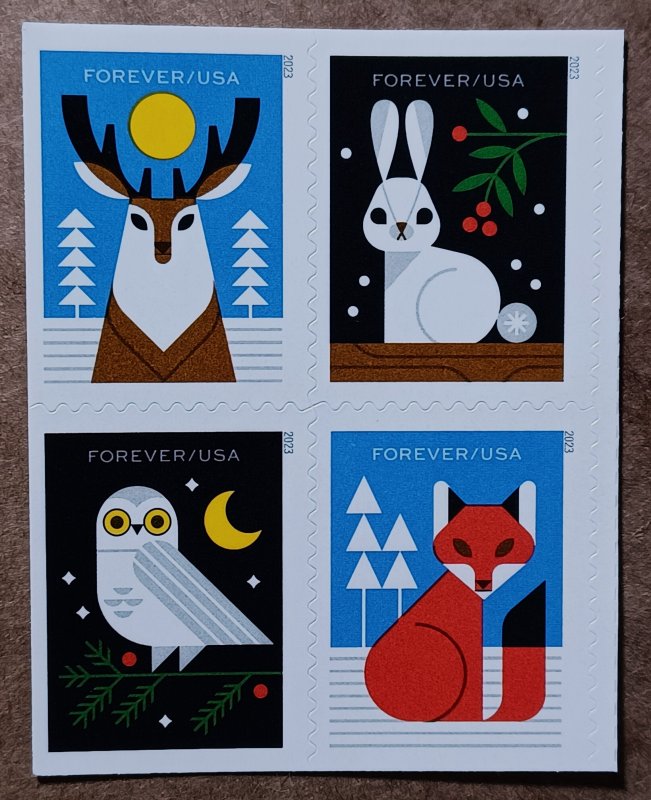 USs #5822-5825 5825a (66c) Winter Woodland Animals MNH block of 4 (2023)