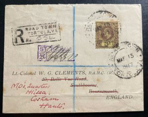 1917 Road Town Leeward Island Registered Cover To Hilsea England Via St Thomas