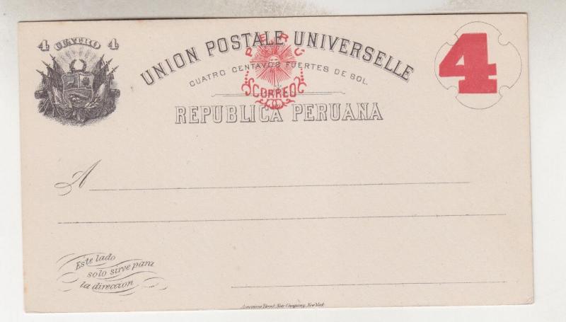 PERU, Postal Card, 1884 4 in Red on 4c. Black on White, H & G 17, unused.