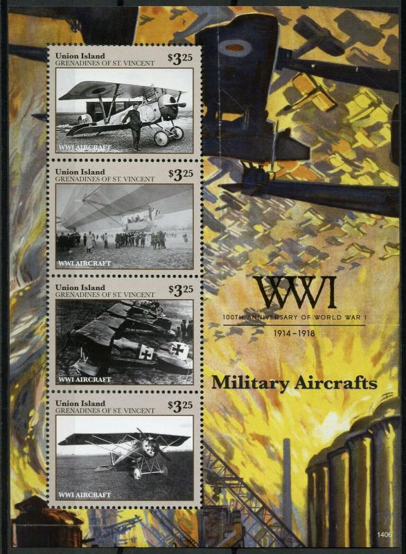 Union Island Gren St Vincent 2014 MNH WWI WW1 Military Aircrafts 4v M/S Stamps 