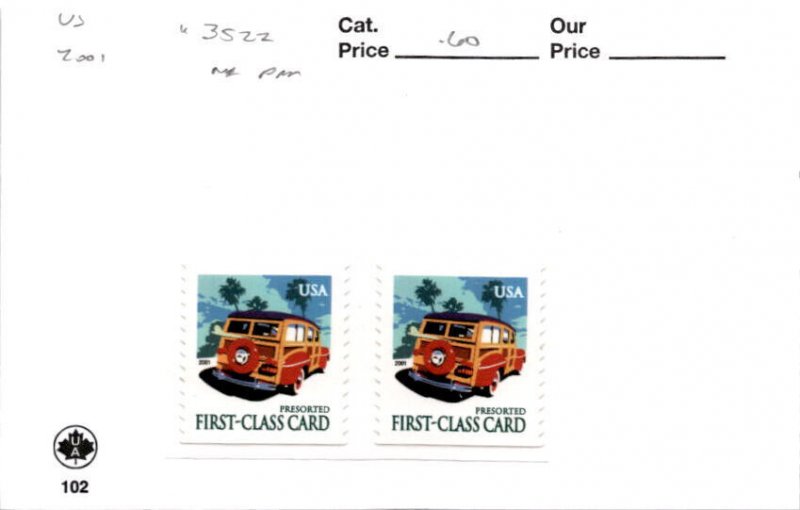 United States Postage Stamp, #3522 Pair Mint NH, 2001 Woody Wagon Auto (AB)