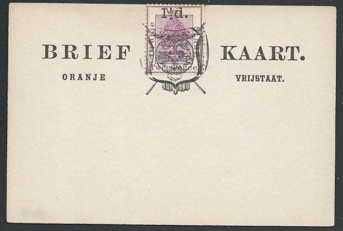 ORANGE FREE STATE 2d on postcard opted 1½d and Arms, unused................57023