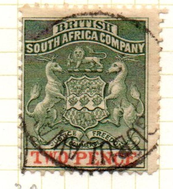 Rhodesia Sc 3 1891 2d green & vermilion Coat of Arms stamp used