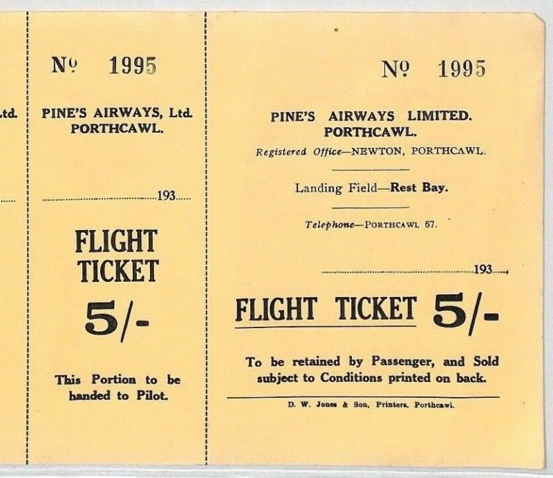 GB WALES AVIATION *Pines Airways Ltd* 5s Flight Ticket Porthcawl Newton 1934 BS4