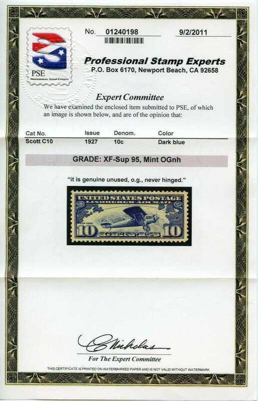 US SCOTT #C10 MINT-XF-SUP-OG-NH GRADED 95 W/ PSE CERT SMQ $140 (5/11/22 GP) 