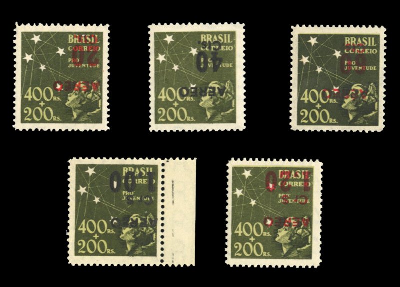 Brazil #C55-59var, 1944 Airpost, surcharges inverted, complete set, never hinged