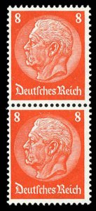 Germany #404b (Mi. 485I) Cat€80, 1933 8pf deep orange, vertical pair, top s...