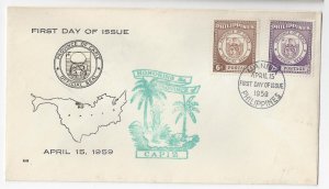 Philippines FDC 1959 Seal of Capiz First Day Cover Sc 654 655 Thermograph Cachet