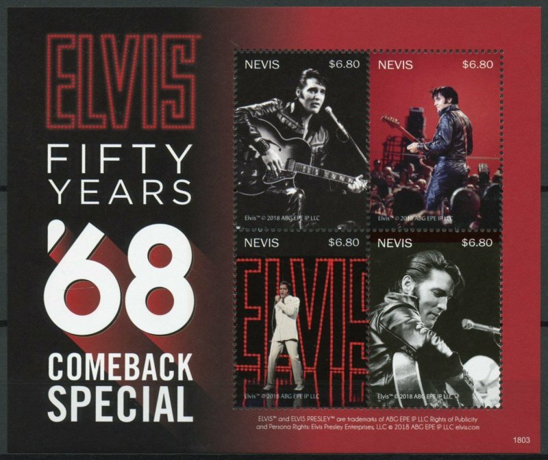 Nevis Music Stamps 2018 MNH Elvis Presley 68 Comeback Special Celebrities 4v M/S