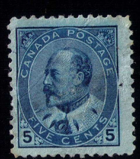 CANADA Sc #91 Used KEVII 5c BlueSmall Hole R Side Lightly Cancelled Fine