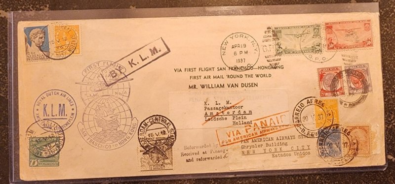 1937USA Pan Am Around The World FFC First Flight Cover KLM Hong Kong Brazil Mala