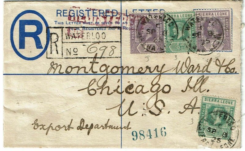 Sierra Leone 1925 Waterloo cancel on registry envelope to the U.S.