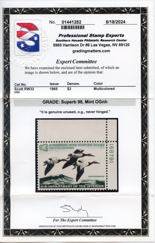 US SCOTT #RW32 MINT-SUPERB-OG-NH GRADED 98 W/ PSE CERT SMQ $325 (9/16/24 GP)