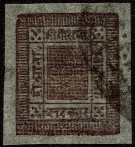 Nepal #8  Used - 2a violet Sripech and Crossed Khukris (1886)