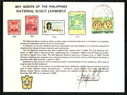 Philippines, Scott cat. 1341. National Jamboree cancel on a Souvenir Card. ^