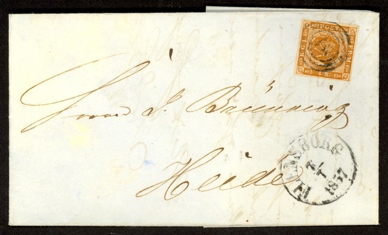 DENMARK 1857 4s Yellow Brown Sc 4a ARMS 4 MARGINS on FLENSBORG Cover