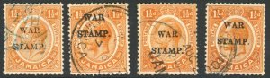 Jamaica SG74 1 1/2d Orange Selection showing different placements of the overpr