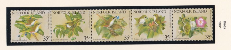 Norfolk Island # 287, Birds, Strip of Five, NH, 1/2 Cat.