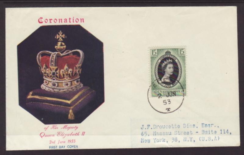 Aden Kathiri State of Seiyun 28 Queen Elizabeth II Coronation Typed FDC