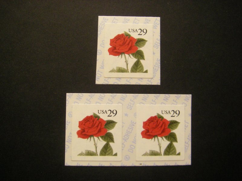 Scott 2490, 29c Red Rose, coil single and pair, MNH Beauties