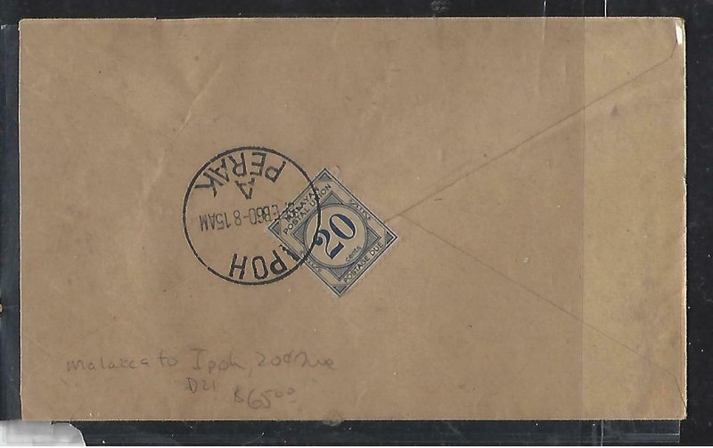 MALAYA FMS COVER (P0512B) 1960  LOCAL COVER MPU 20C POSTAGE DUE COVER