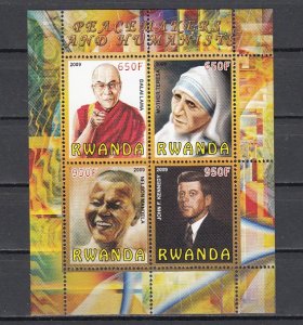 Rwanda, 2009 Cinderella issue. M.Teresa, Dalai, Kennedy, M.L.King sheet.