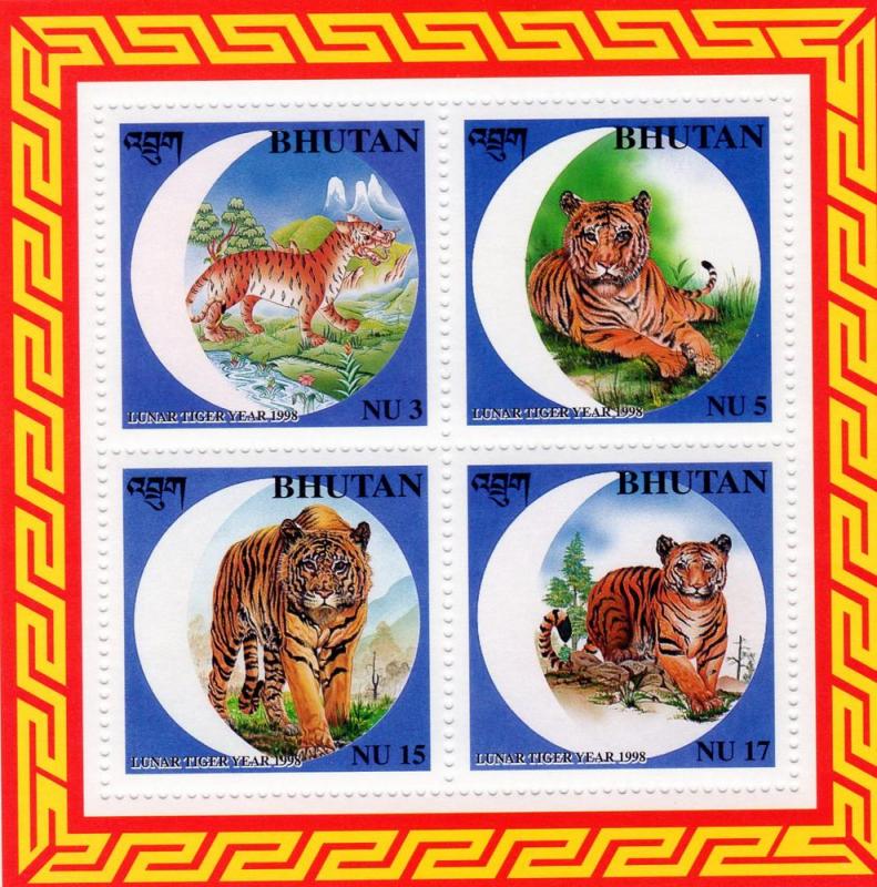 Bhutan 1998 Tigers - Year of the Tiger Sheet of 4 MNH Sc1187