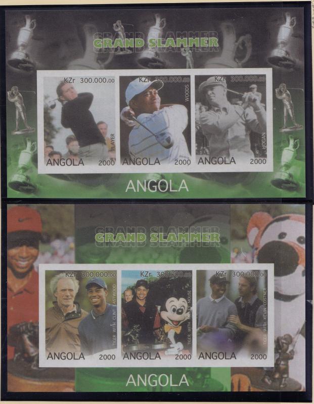 ANGOLA MNH Unauthorized Golf, Grand Slam, Tiger Woods (2 Sheets with Mounts) x1a