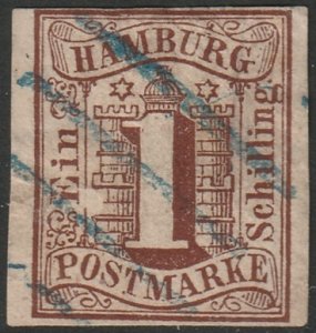 Hamburg 1859 Sc 2 used blue line cancel