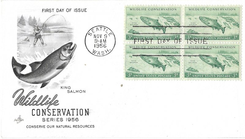 #1079 FDC, 3c Wildlife Conservation, Art Craft cachet, block of 4