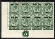 South West Africa 1923 KG5 1/2d green SW plate 5 block of...