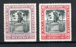 Barbados 1906 6d and 1s Nelson Centenary values SG 150-51 MH