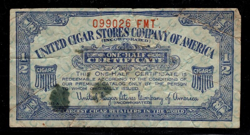 OAS-CNY ED-308 CINDERELLA STAMP - UNITED CIGAR STORES OF AMERICA 1/2 CERTIFICATE