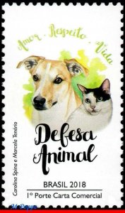 3374 BRAZIL 2018 ANIMAL DEFENSE, DOG, CAT, DOMESTIC ANIMALS, RHM C-3751, MNH